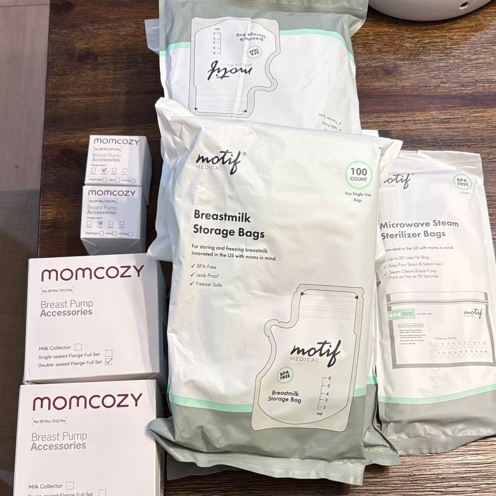 Momcozy collection cups with flange set, inserts, milk Storage & sterilizer bags